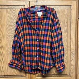 Eddie Bauer Linen Plaid Long Sleeve Collared Shirt Vintage Multicolor